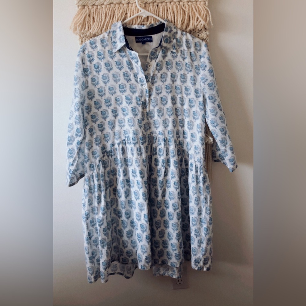 Ro's Garden Tuckernuck Deauville Blue Paisley Floral Short Cotton Shirt Dress XS